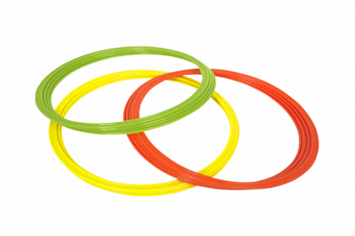 Koordinationsringe til løbe og koordinationsøvelser på fodboldbanen. Pakken indholder 12 stk ringe i mix farver. - 4 x limegrøn, 4 x orange, 4 x gul.