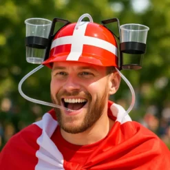 Original Roligan Ølhjelm - Rød & Hvid Sjov ølhjelm som er beregnet til dåser og flasker. Rigtig fin gaveide til en rigtig fodboldfan. Drukhjelmen leveres med 2 holdere med et sugerør.