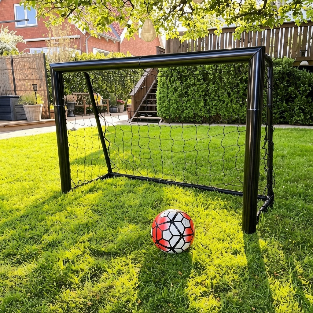 Fodboldmål Freeplay Elite Pro 150 x 100 cm - Galvaniseret Sort Stål Køb galvaniseret fodboldmål i en extra kraftig kvalitet og i et design som du kender fra fodboldklubben. Fodboldmålet er fremstillet i pulverlakeret galvaniseret stål med en rørtykkelse på hele Ø7,8 cm. Fantastisk fodboldmål til en god gang fodboldspil i haven. Størrelse: L150 x H100 x D75 cm. Ramme: Ø78 mm, godstykkelse 1,3 mm. Bagstivere: Ø3.2 cm, godstykkelse 0,9 mm. Forstærket samlinger. Materiale: Pulverlakeret solid sort stål. Kraftigt net, Ø2,5mm, 1000 g. Jordspyd til fastgørelse. Vægt: 13 kg.