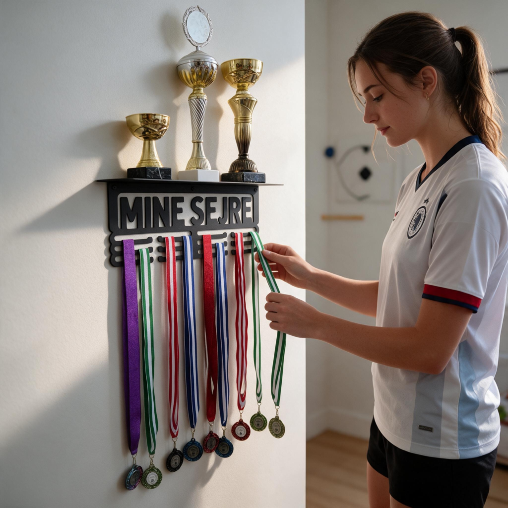 Mine Sejre – Sort medaljeholder i stål med hylde til pokaler Giv de stolte øjeblikke en plads på væggen med denne smarte medaljeholder med teksten “Mine Sejre” så alle dine medaljer og pokaler stå fremme og minde om gode oplevelser, hård træning og personlige sejre. Holderen har 12 kroge til medaljebånd samt en hylde til pokaler. Pokal og medaljeholderen er oplagt til børn og unge samt voksne, der elsker sport og deres sejre – uanset om det er fodbold, svømning, gymnastik eller noget helt andet. Medaljerne hænges på rækkerne under teksten, mens hylden giver plads til pokaler og små sportsfigurer. Holderen måler L40 x H15 x D14 cm. Det enkle sorte design passer ind på de fleste børne og ungdomsværelser og skaber orden i præmierne. En fin gave til en sportsudøver, der fortjener at vise sine præstationer frem. NEM OG SIKKER MONTERING Begynd med at samle medaljeholderen og trofæbakken ved hjælp af de medfølgende korte skruer. Markér herefter borehullerne på væggen ud fra hullerne på hver side af medaljeholderen. Bor hullerne, og monter derefter holderen ved hjælp af ekspansionsskruer, nylonafstandsstykker og metalskruer. Bemærk: Nylonafstandsstykkerne monteres på bagsiden mellem medaljeholderen og væggen. De sikrer den nødvendige afstand til væggen, hvilket giver bedre plads og nem adgang til medaljerne. Holderen er fremstillet for af Freeplay Sport og i dansk design.